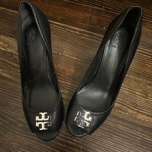Tory Burch Black Peep-Toe Wedge Heel